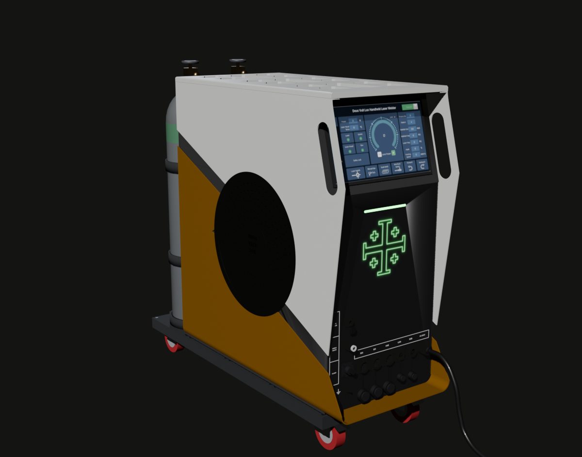 The Deus Vult Lux laser welder: white and orange shell, round cross-pattern side vent, touchscreen and illuminated cross on the front, handheld welding head docked on the side.